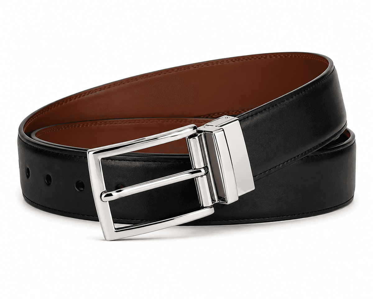 Reversible black and brown leather belt with silver buckle for men formal wear