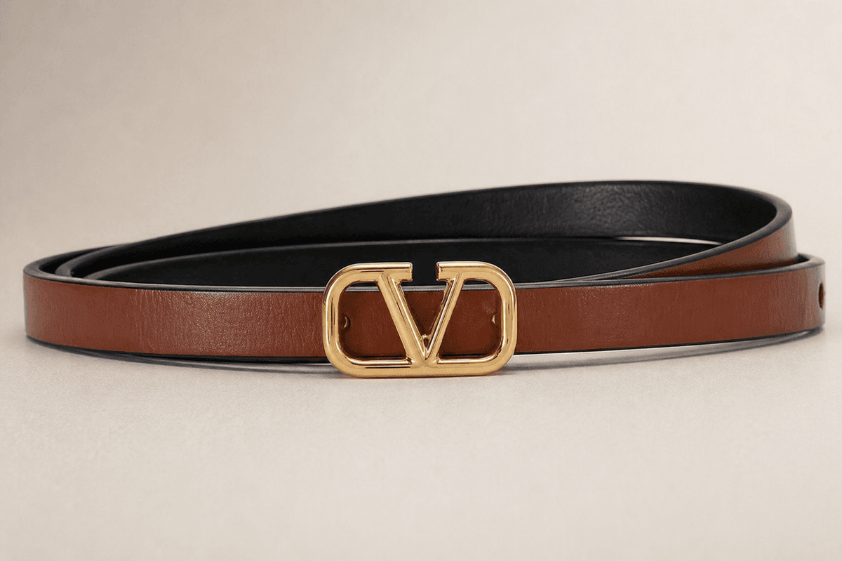 Slim brown leather belt with gold V buckle worn on waist outfit styling